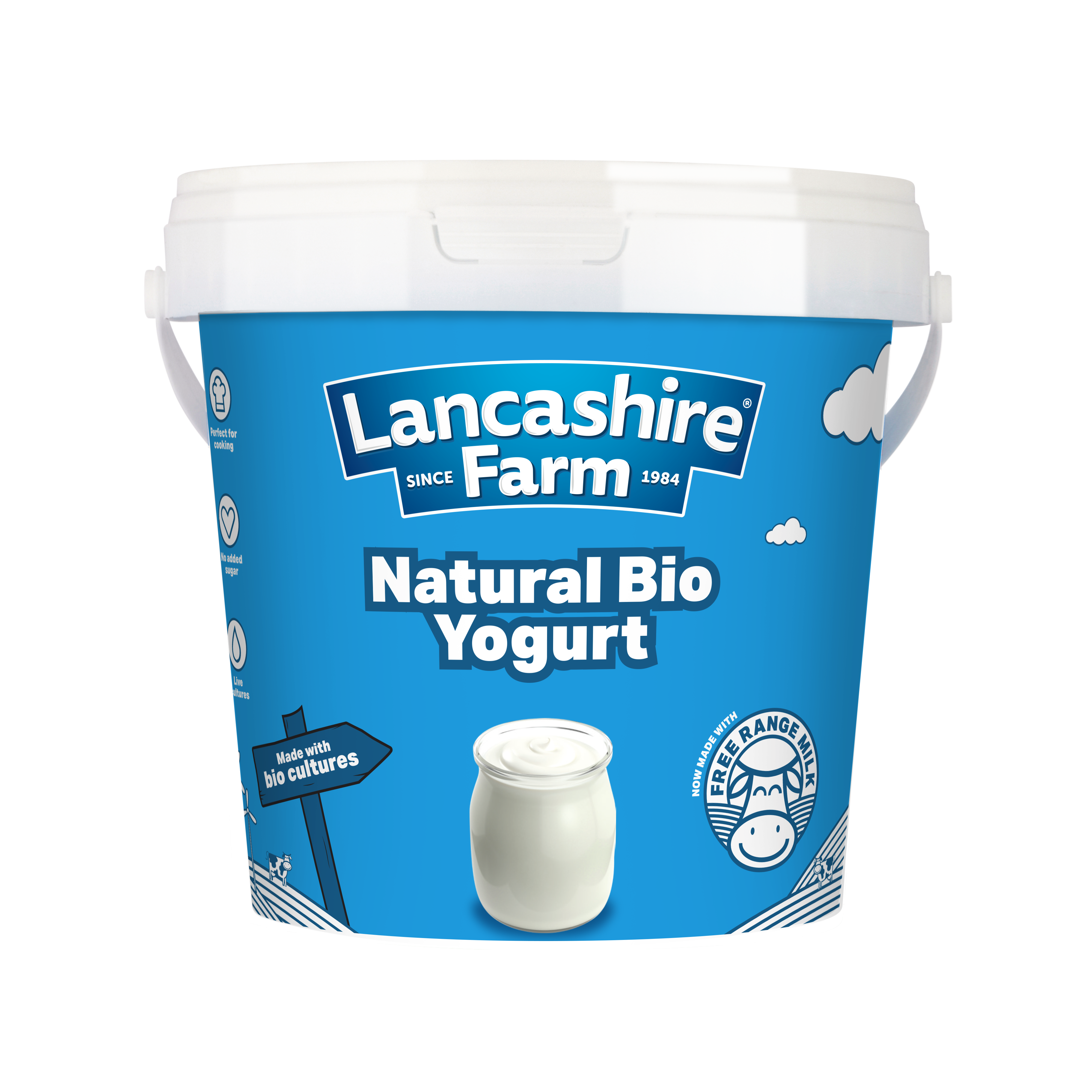 At the top of the page there is a floating one kilo Lancashire Farm Natural Bio pot with a halo above it.
