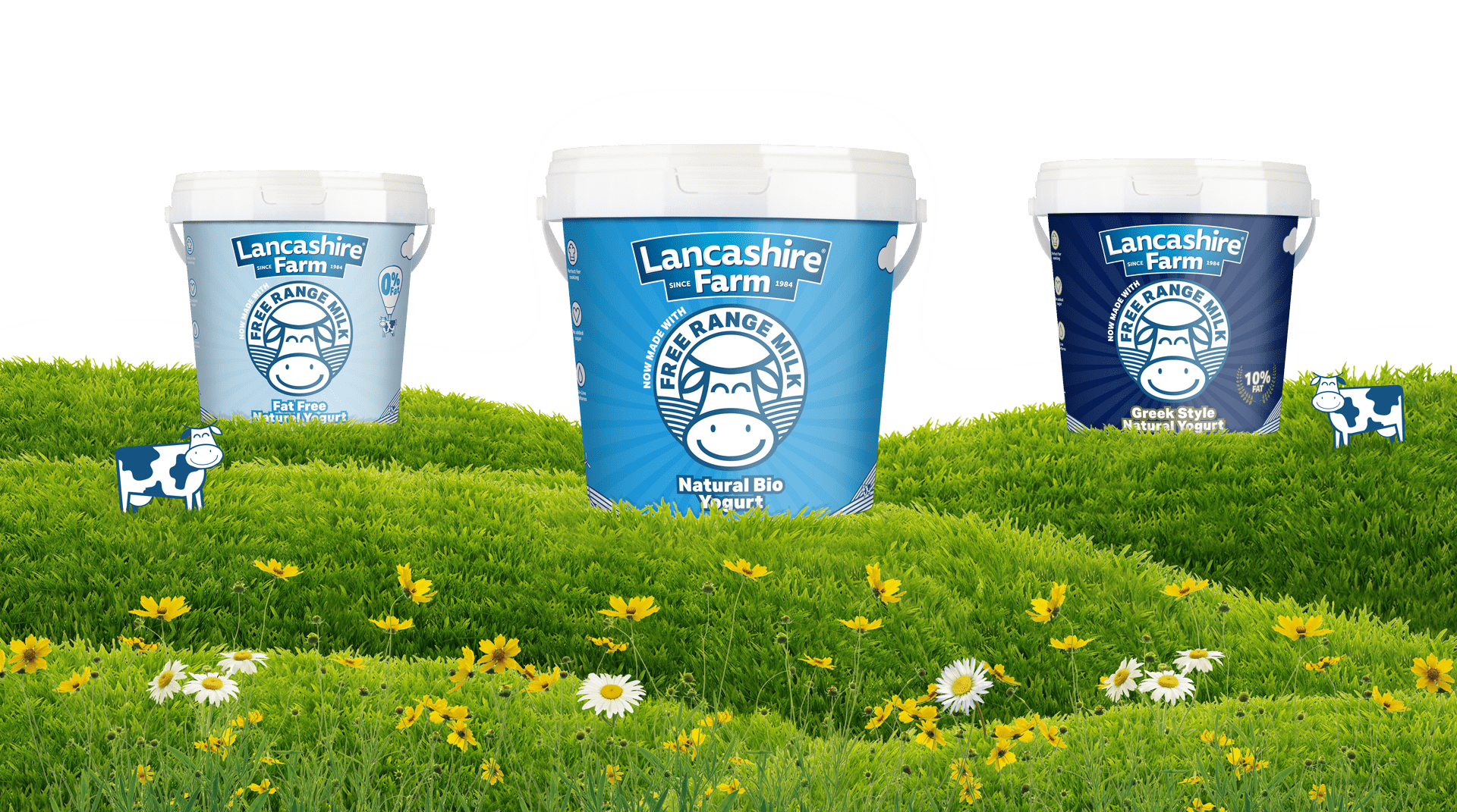 Here we have the Lancashire Farm Natural Bio, Fat Free and Greek style kilo yogurt pots sitting on top of the rolling hills of Lancashire.